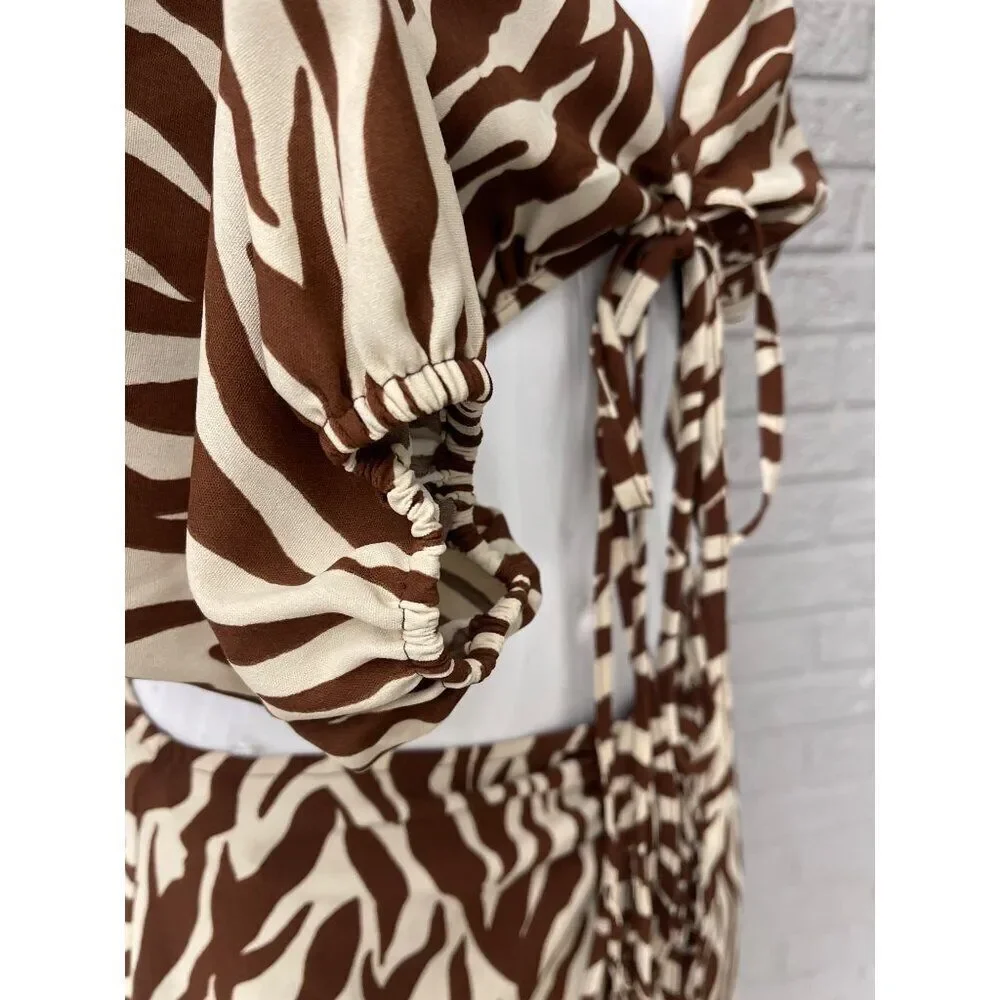 Style Rack Women's Brown / Cream Zebra Print 2 PCS Tie Top Skirt Set Size L NWT
